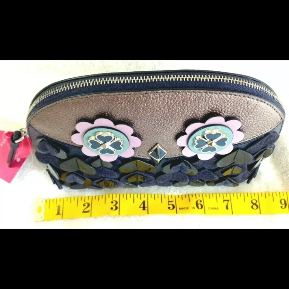 NEW Women Leather Kate Spade Medium Dome Cosmetic Blue Gray Lilac OWL, N…
